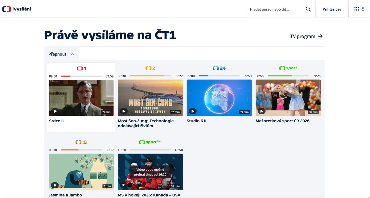 The ČT 1 (iVysílání) start page with its featured rows and menu