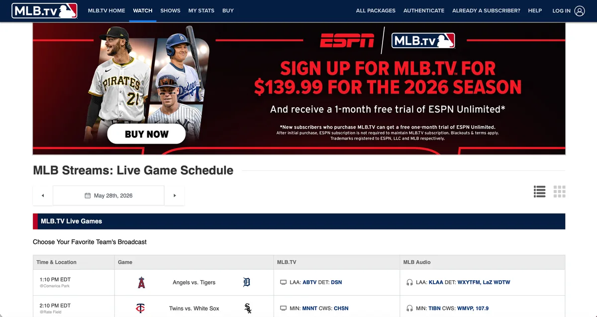 Ein Blick auf die MLB.TV-Startoberfläche am Desktop