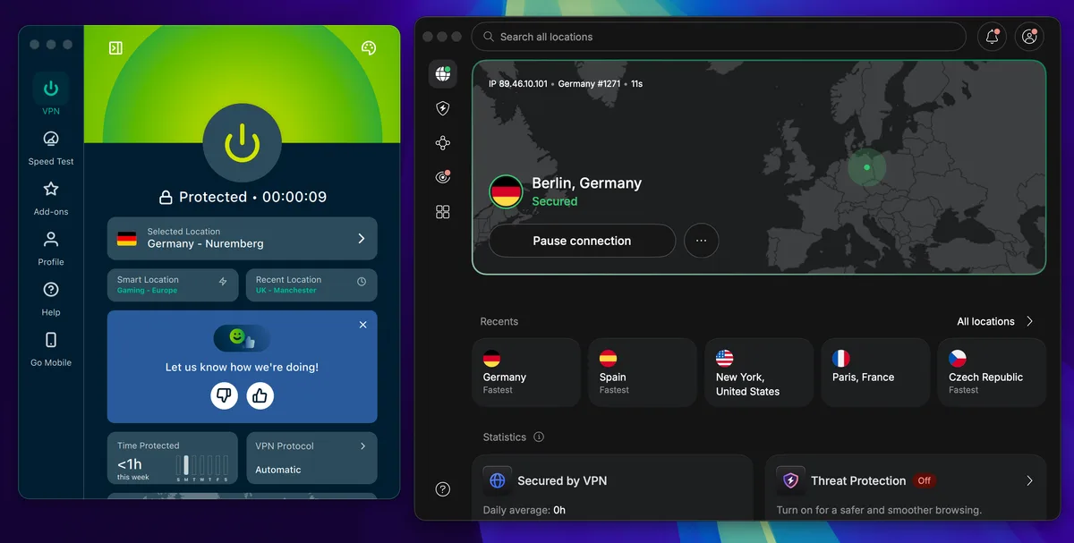 ExpressVPN und NordVPN nebeneinander, verbunden mit einem Server in Deutschland