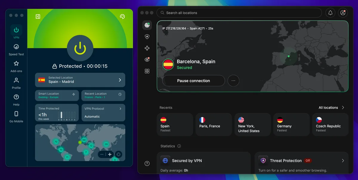 ExpressVPN y NordVPN una al lado de la otra, conectadas a un servidor en España