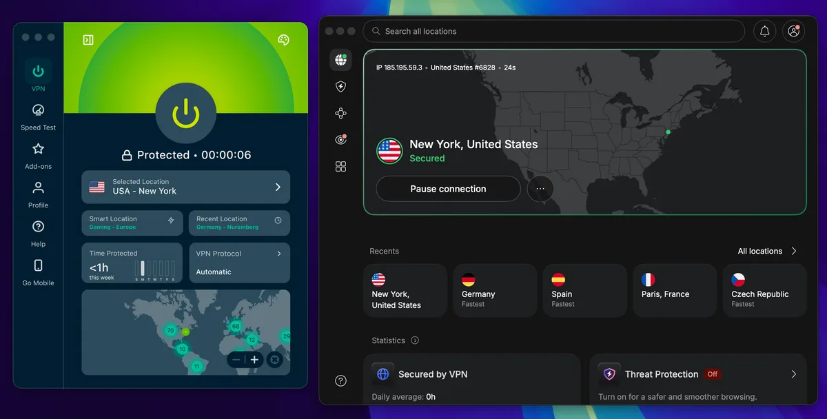 ExpressVPN and NordVPN side by side, connected to a server in New York, United States