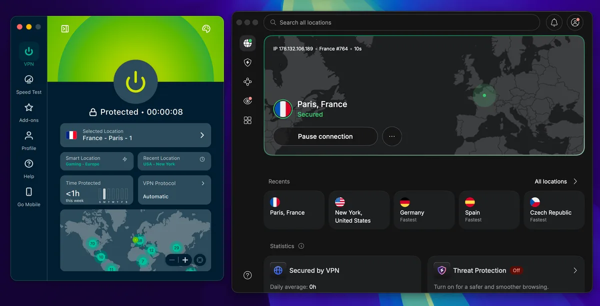 ExpressVPN et NordVPN côte à côte, connectés à un serveur à Paris, France