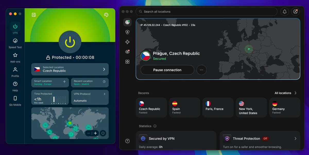 ExpressVPN a NordVPN vedle sebe, připojené k serveru v Praze, Česká republika