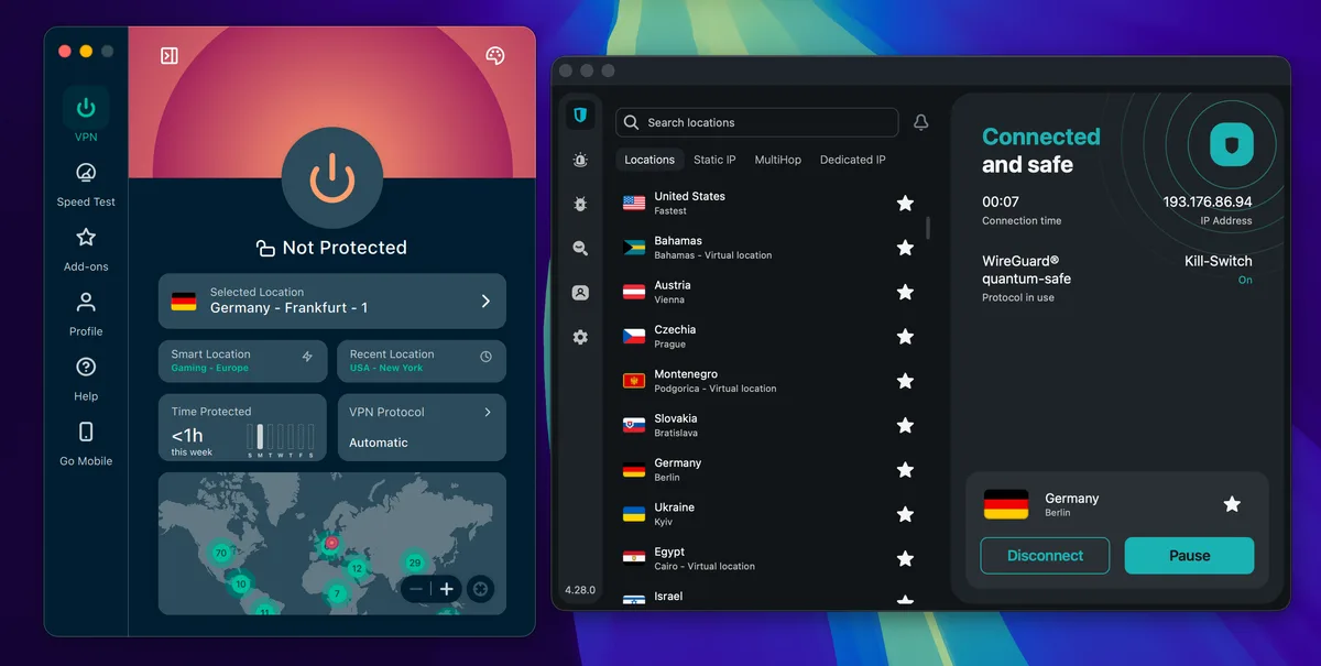 ExpressVPN und Surfshark nebeneinander auf macOS, mit einem aktiven Server in Deutschland
