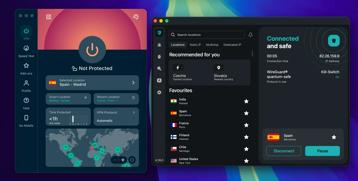 ExpressVPN y Surfshark una al lado de la otra en macOS, con un servidor activo en España