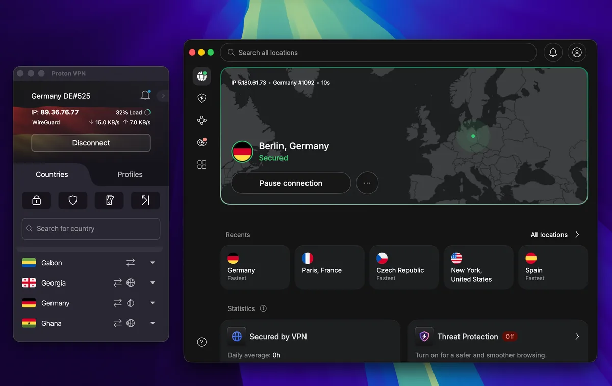 NordVPN und ProtonVPN nebeneinander, verbunden mit einem Server in Berlin, Deutschland
