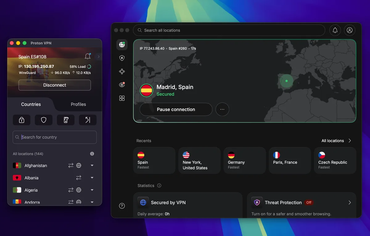 NordVPN y ProtonVPN una al lado de la otra, conectadas a un servidor en Madrid, España