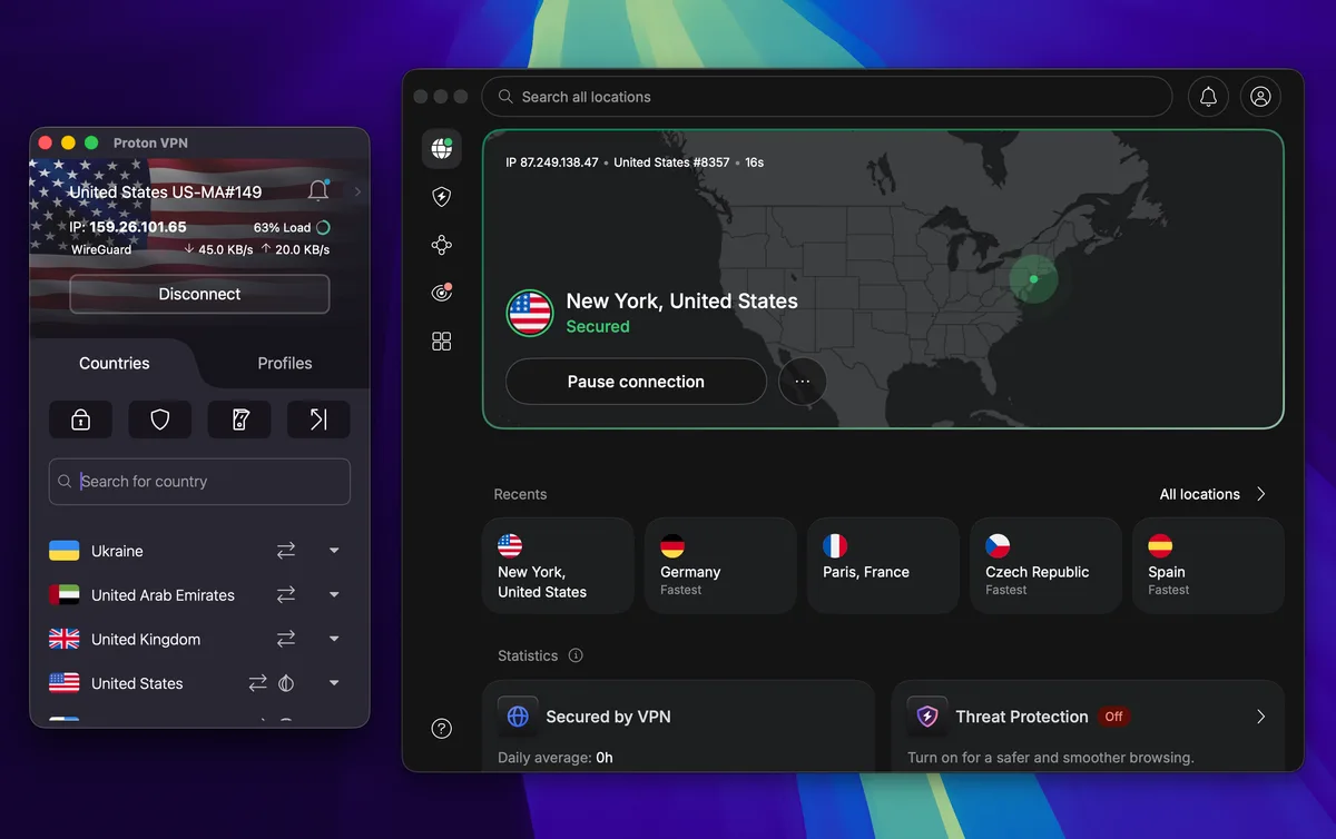 NordVPN and ProtonVPN side by side, connected to a server in New York, United States