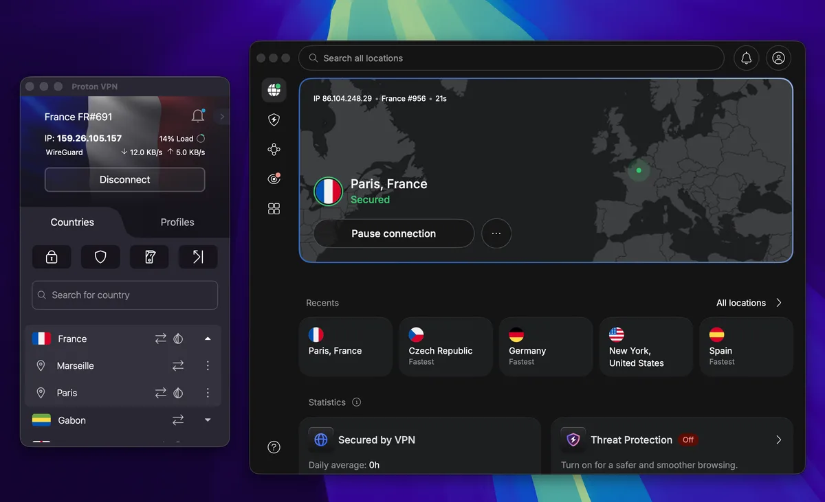 NordVPN et ProtonVPN côte à côte, connectés à un serveur à Paris, France
