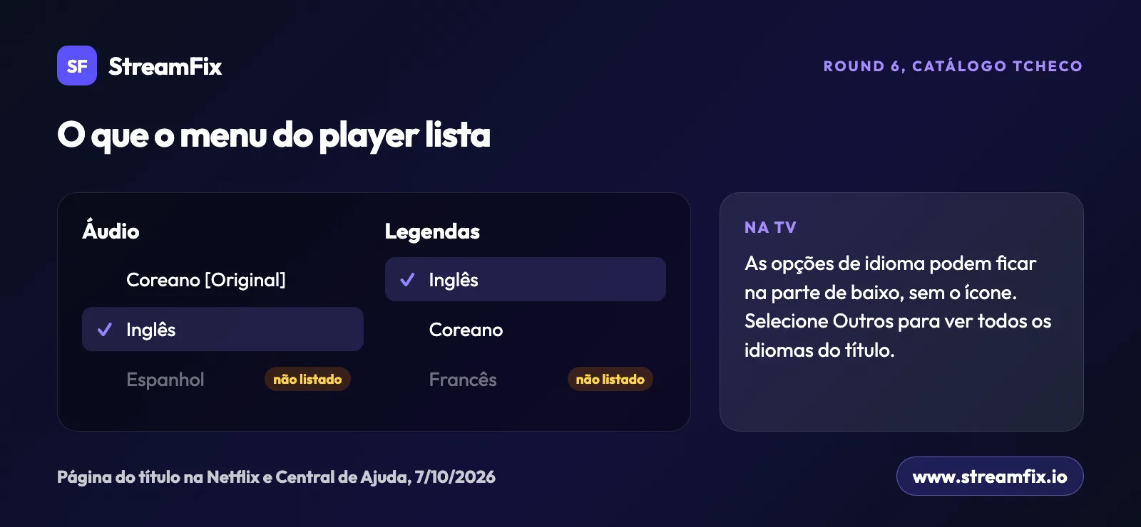Opções de idioma da Netflix para Round 6 no catálogo tcheco: áudio e legendas em inglês disponíveis, áudio em espanhol e legendas em francês não listados.