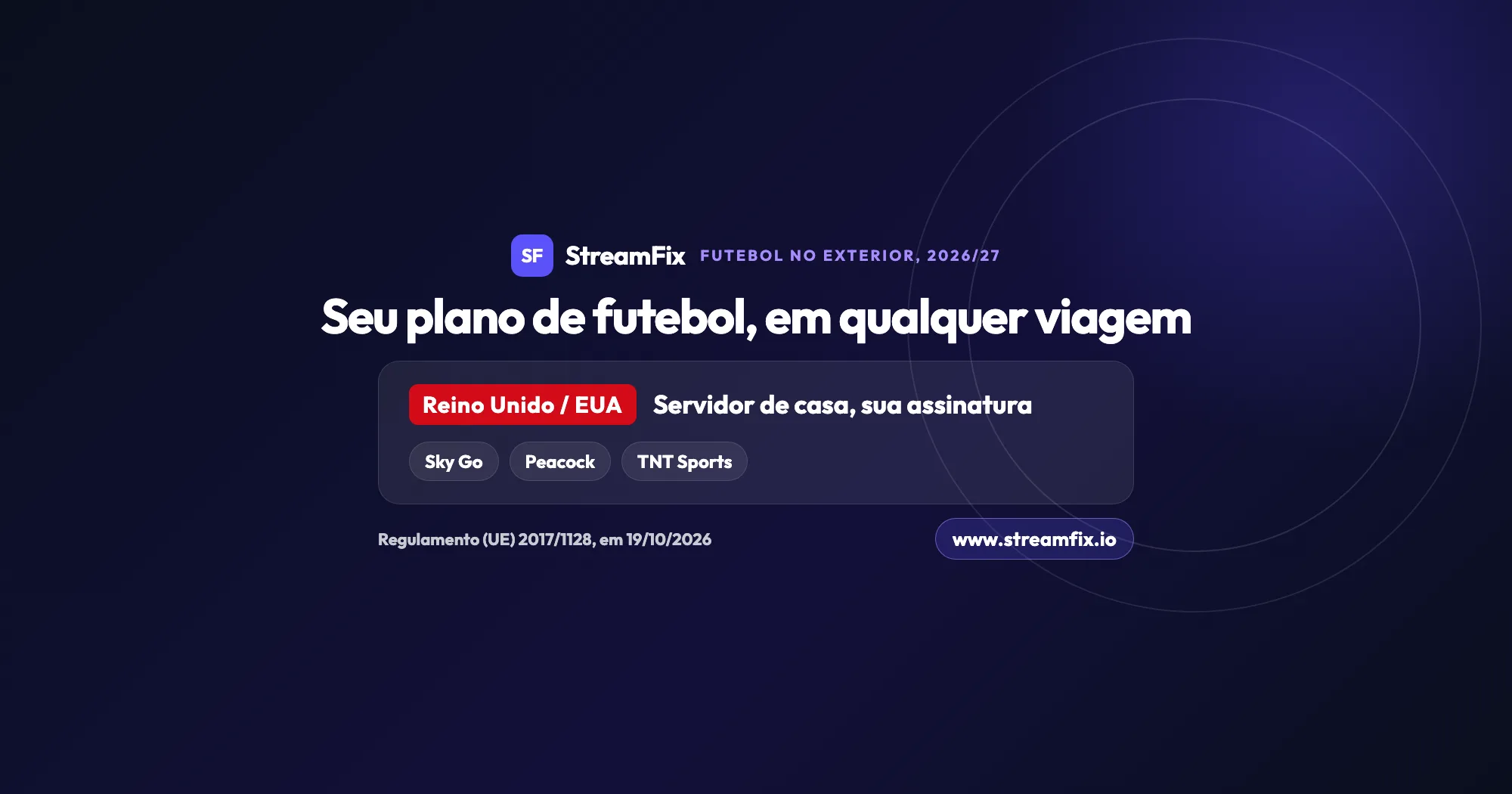 Capa de um guia de VPN para assistir ao futebol no exterior: cartão com Reino Unido / EUA, a mensagem “Servidor de casa, sua assinatura” e os serviços Sky Go, Peacock e TNT Sports.
