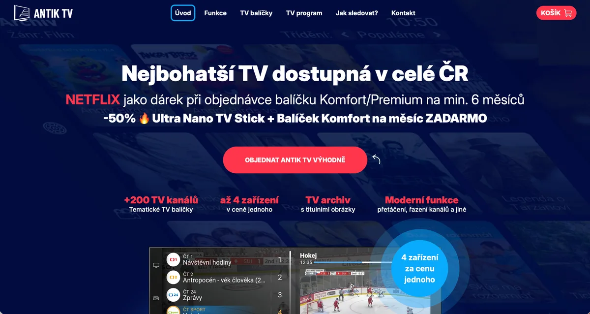 Una vista de la interfaz de inicio de Antik TV en escritorio