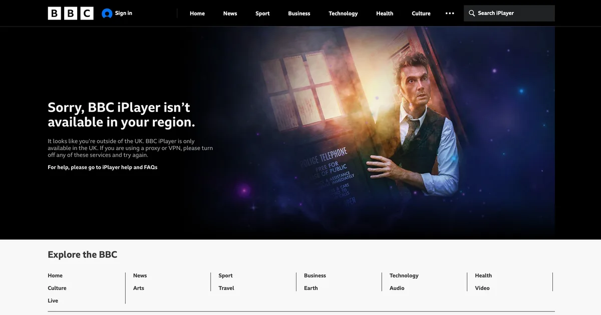 Un aviso de BBC iPlayer «no disponible en tu región» en pantalla