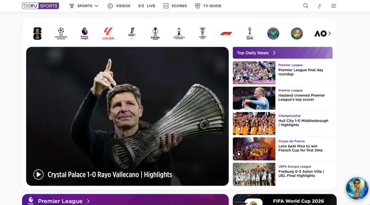 Una vista de la interfaz de inicio de beIN Sports en escritorio