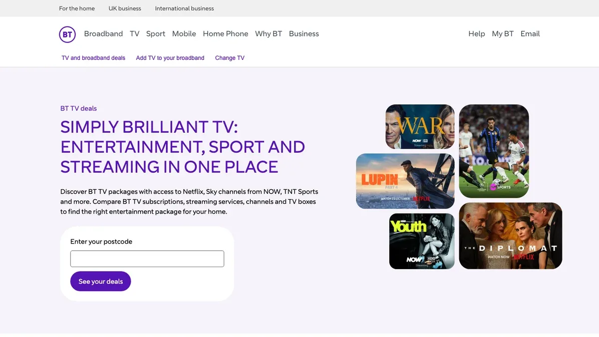 BT TV deals page headed Simply brilliant TV, with tiles from NOW, Netflix and TNT Sports