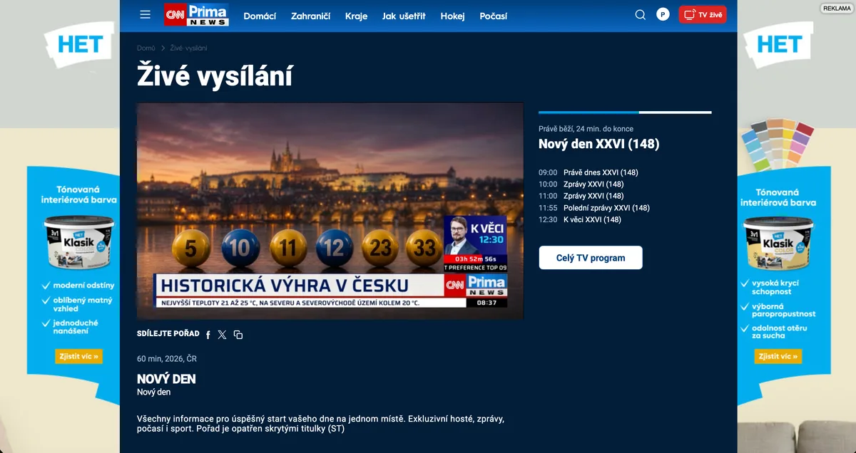 Screenshot of the CNN Prima News home screen