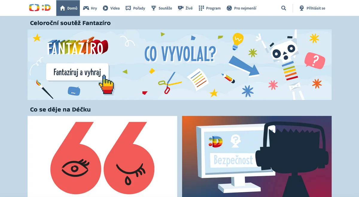 The ČT :D start page with its featured rows and menu
