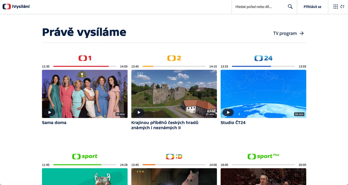 The ČT2 landing screen as it looks after sign-in