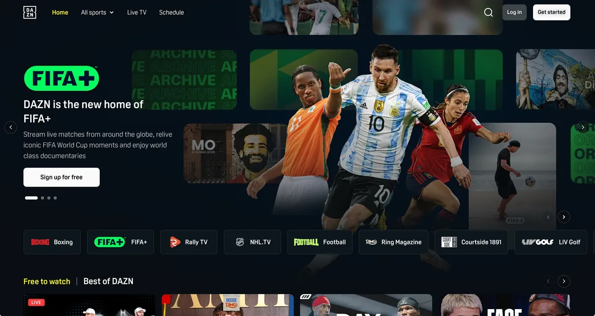 L’écran d’accueil de DAZN tel qu’il apparaît après connexion
