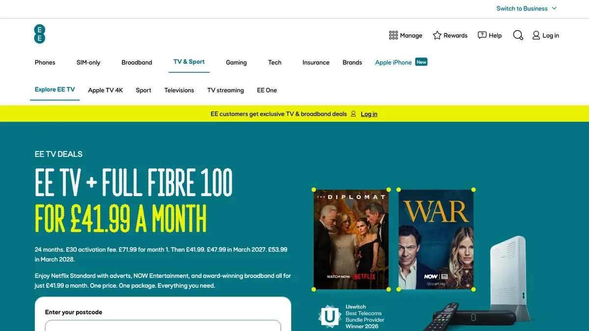 EE TV deals page with the TV & Sport menu, a Netflix and NOW offer and the EE TV box with remote