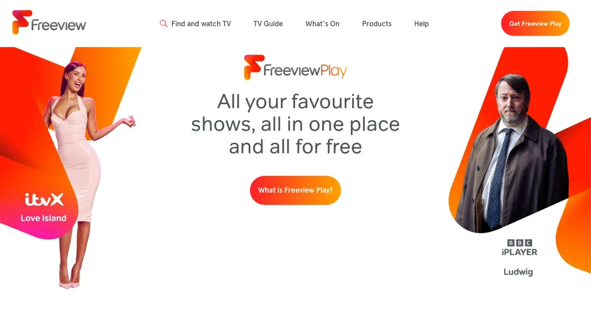 Freeview home page with the Freeview Play banner, ITVX and BBC iPlayer shows and the Find and watch TV menu