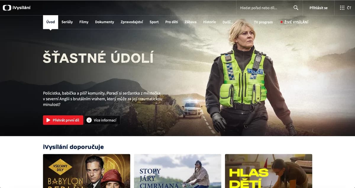 La page d’accueil de iVysílání ČT avec ses sélections et son menu