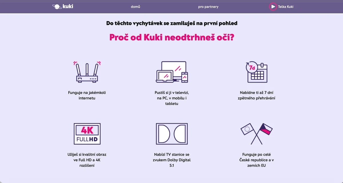 The Kuki start page with its featured rows and menu