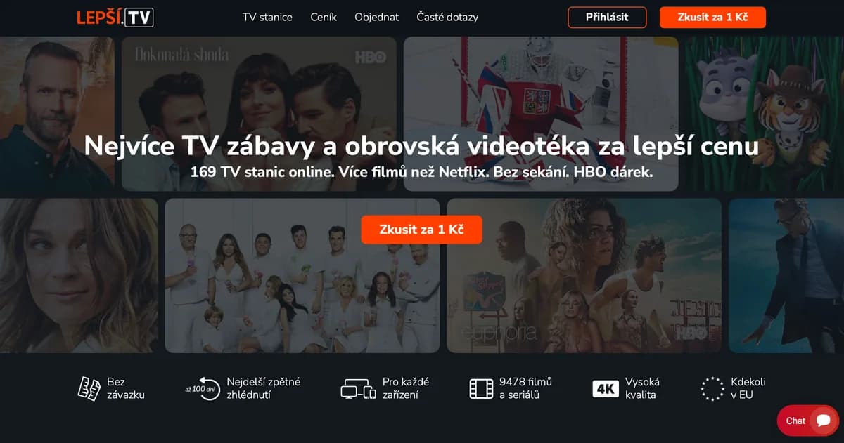 La página de inicio de Lepší.TV con sus filas destacadas y el menú