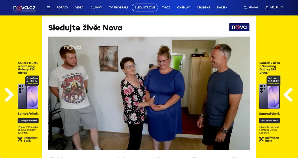 Úvodní stránka TV Nova s doporučenými řadami a menu
