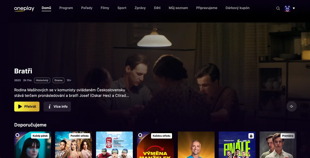 Die OnePlay-Startseite mit empfohlenen Reihen und Menü