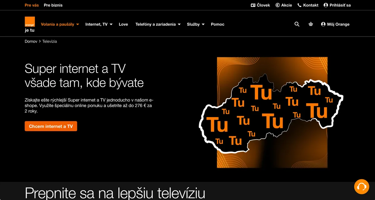 Snímek úvodní obrazovky služby Orange TV