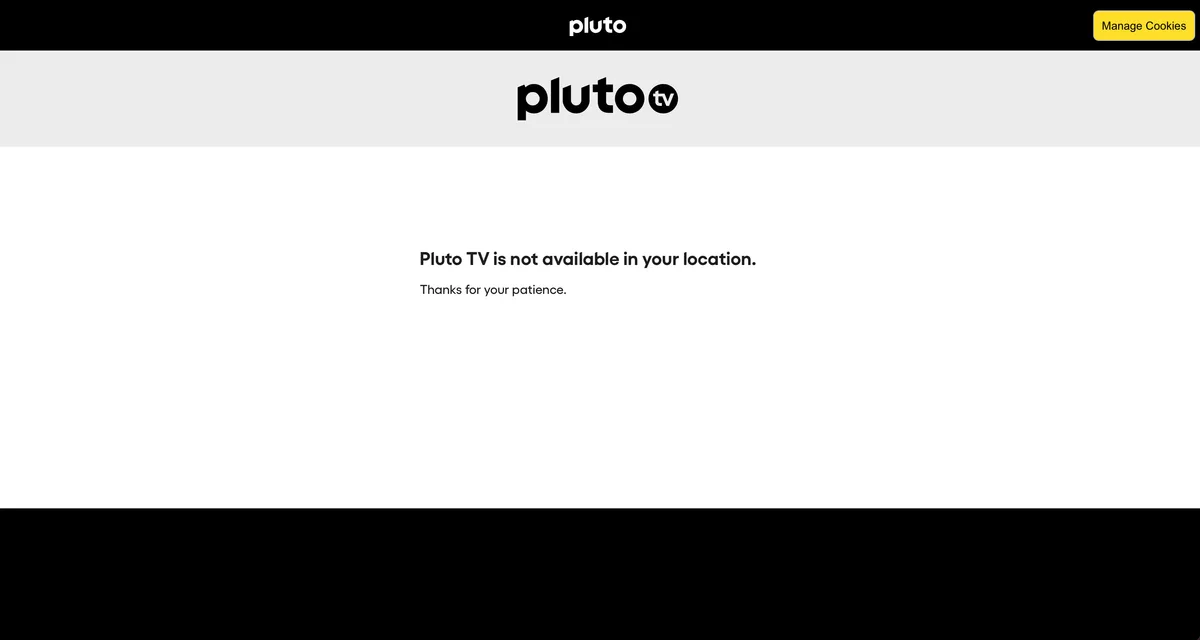 Captura del mensaje de bloqueo geográfico de Pluto TV desde el extranjero