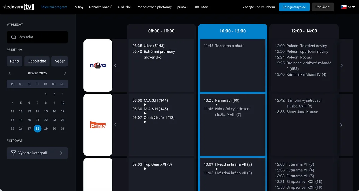 La page d’accueil de Sledování.tv avec ses sélections et son menu