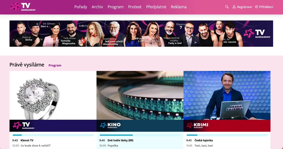 A look at the TV Barrandov home interface on desktop