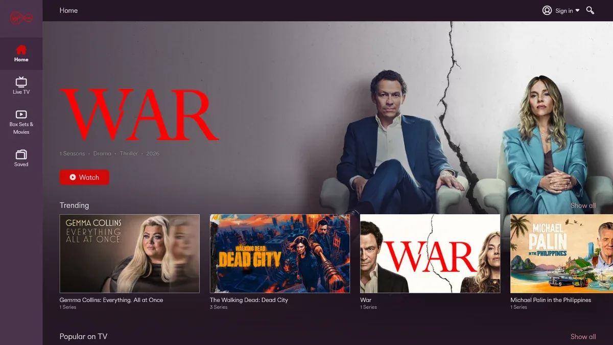 Startseite des Web-Players von Virgin TV Go mit dem Menü Live TV, Box Sets & Movies und Saved und der Reihe Trending
