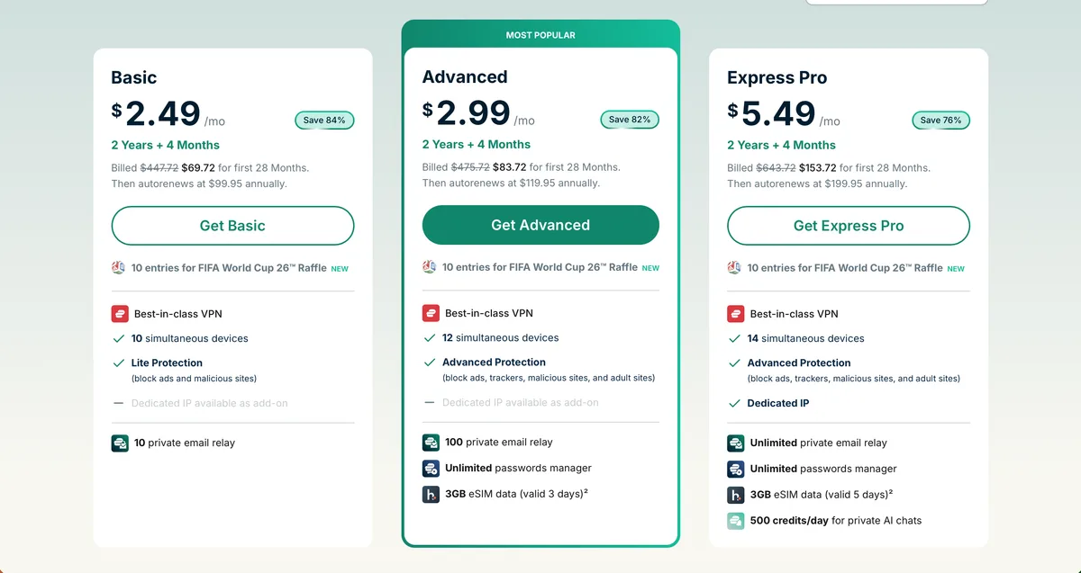 Screenshot of ExpressVPN pricing plans in English showing three tiers: Basic at $2.49/mo, Advanced at $2.99/mo, and Express Pro at $5.49/mo.