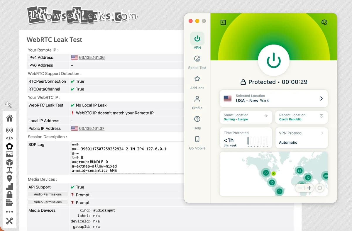 Screenshot of the WebRTC leak test on BrowserLeaks.com with ExpressVPN connected to the USA – New York server.