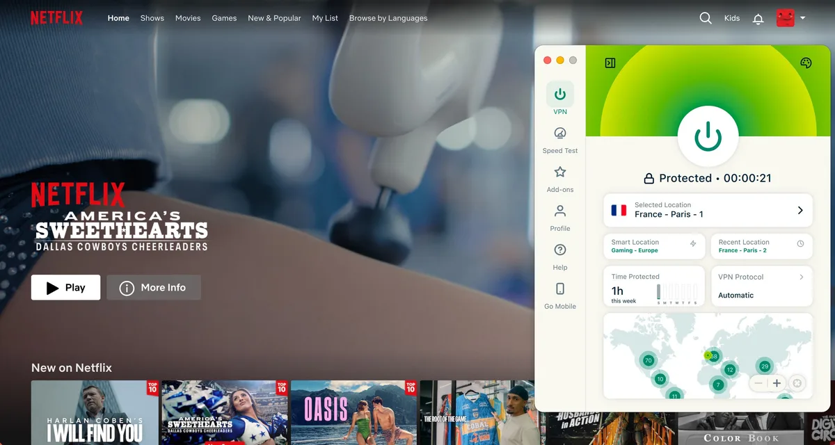 Capture d'écran de la page d'accueil Netflix dans le navigateur avec ExpressVPN connecté au serveur France – Paris - 1.