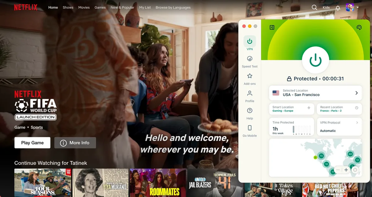 Screenshot of the Netflix homepage in the browser with ExpressVPN connected to the USA – San Francisco server.