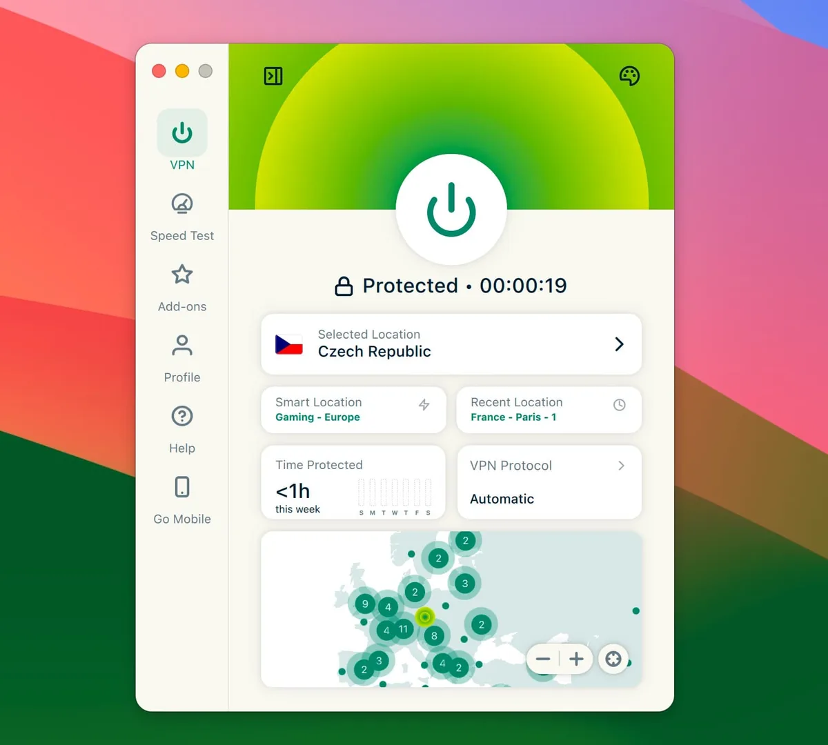 Screenshot aplikace ExpressVPN pro macOS s aktivním připojením na server Czech Republic.