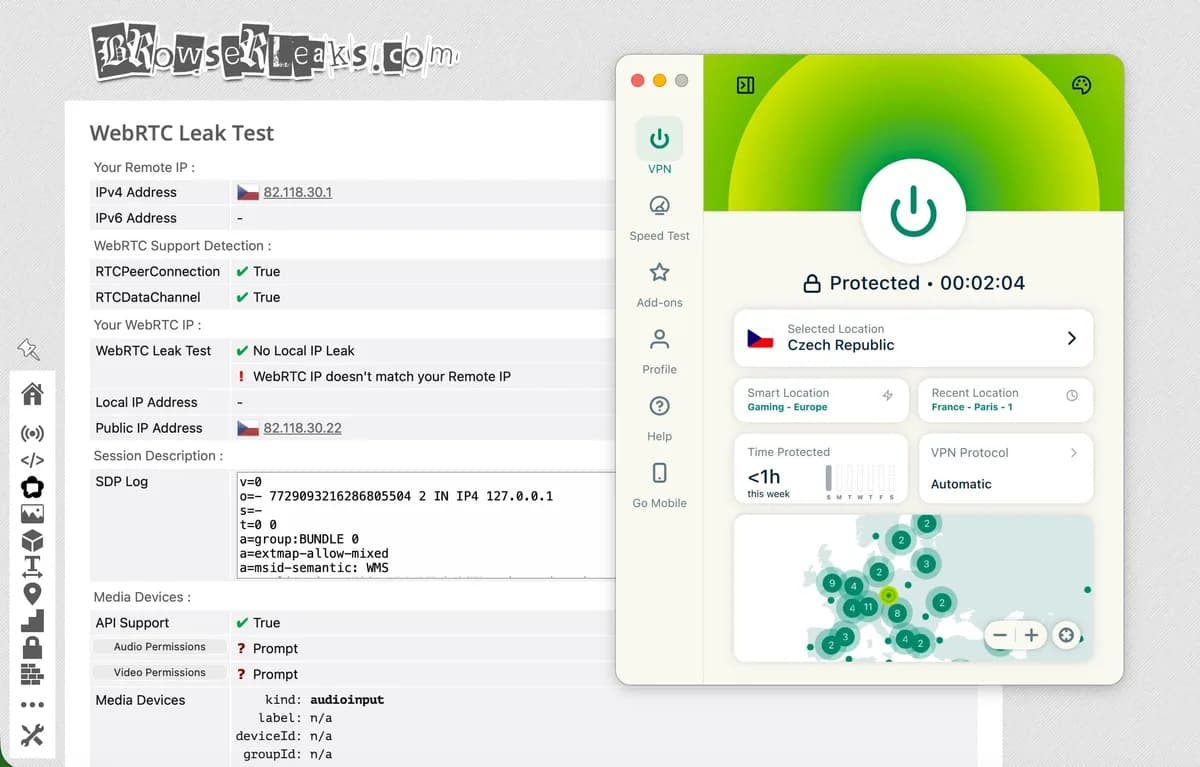 Screenshot testu WebRTC úniku z BrowserLeaks.com s aktivním VPN připojením ExpressVPN na server v ČR