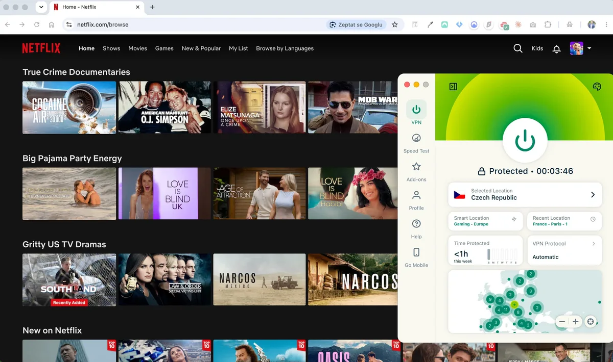 Netflix v prohlížeči s aktivním ExpressVPN připojením na server Czech Republic.