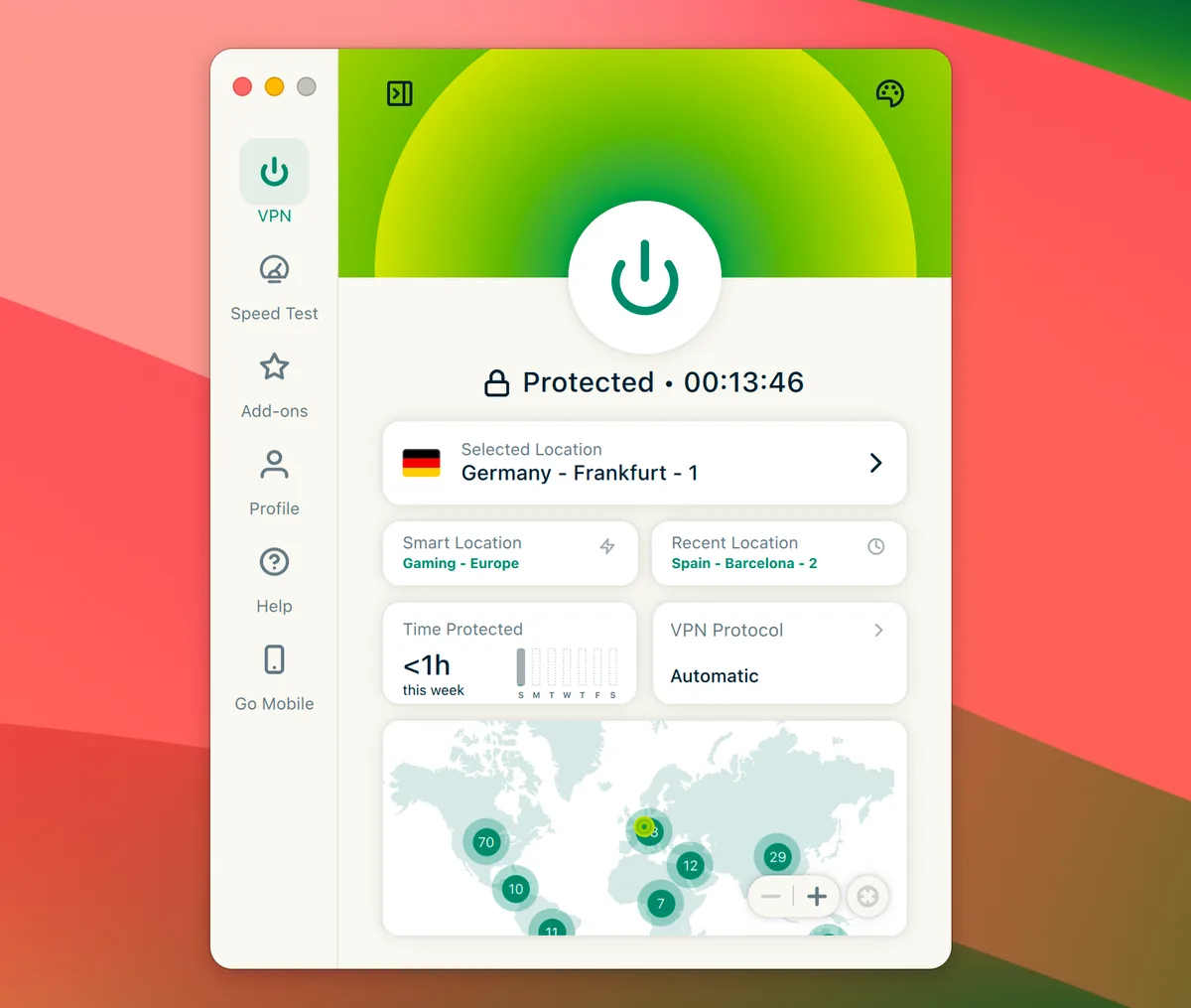 Screenshot der ExpressVPN-App für macOS mit aktiver Verbindung zum Server Germany – Frankfurt - 1 und dem Status „Protected".