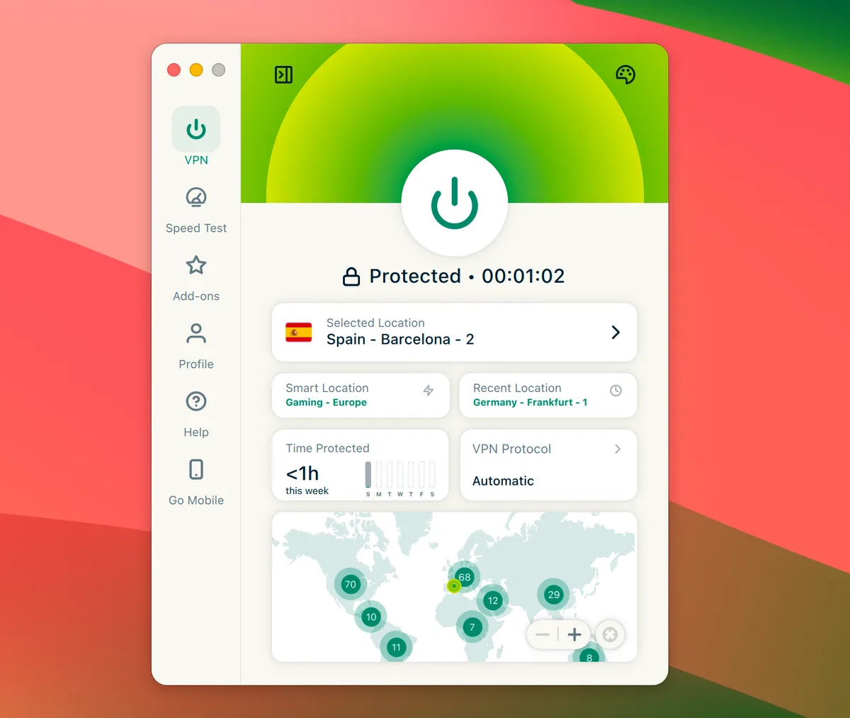 Captura de pantalla de la aplicación ExpressVPN para macOS con conexión activa al servidor Spain – Barcelona - 2 y estado „Protected".