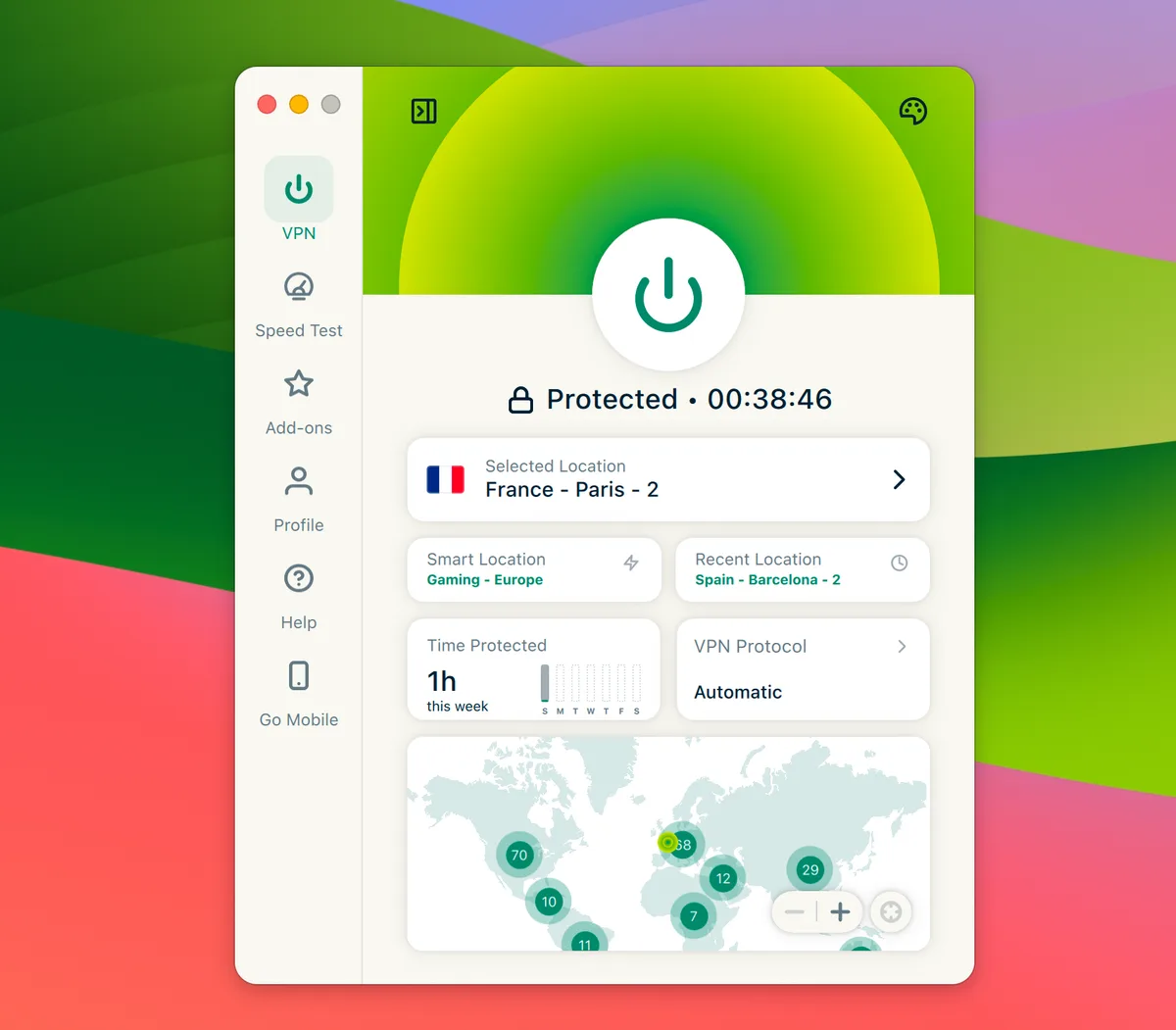 Capture d'écran de l'application ExpressVPN pour macOS avec une connexion active au serveur France – Paris - 2 et le statut „Protected".