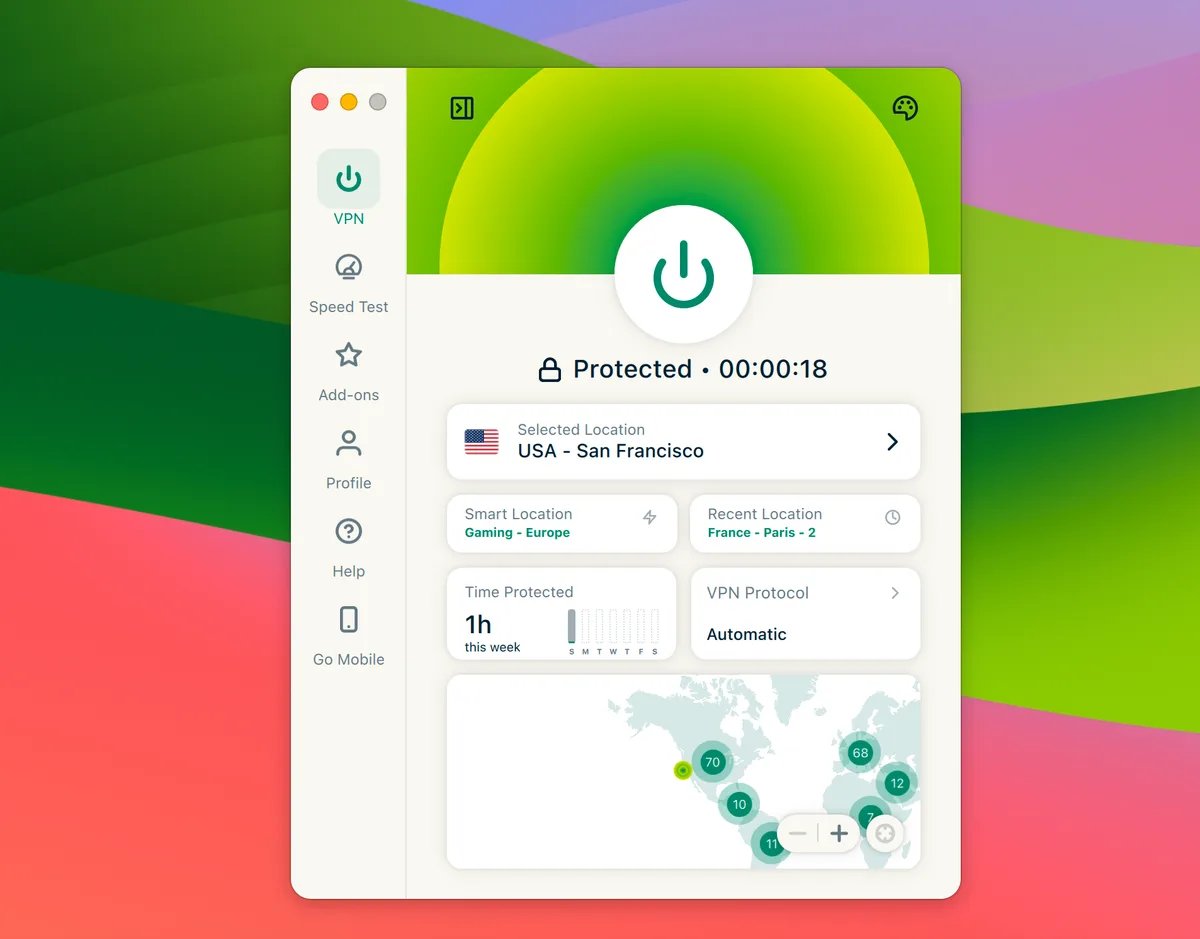 Screenshot of the ExpressVPN app for macOS with an active connection to the USA – San Francisco server and a „Protected" status.