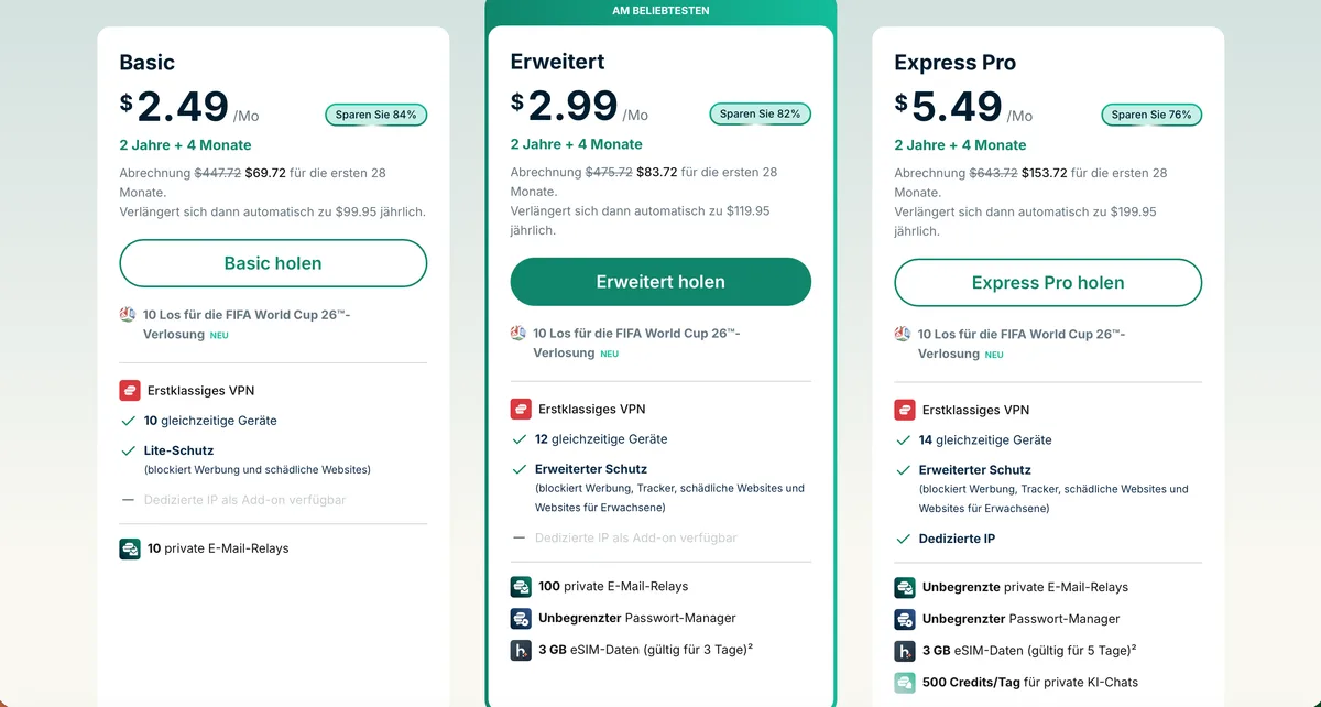 Screenshot der ExpressVPN-Preisübersicht auf Deutsch mit drei Tarifen: Basic ab $2,49/Mo, Erweitert ab $2,99/Mo und Express Pro ab $5,49/Mo.