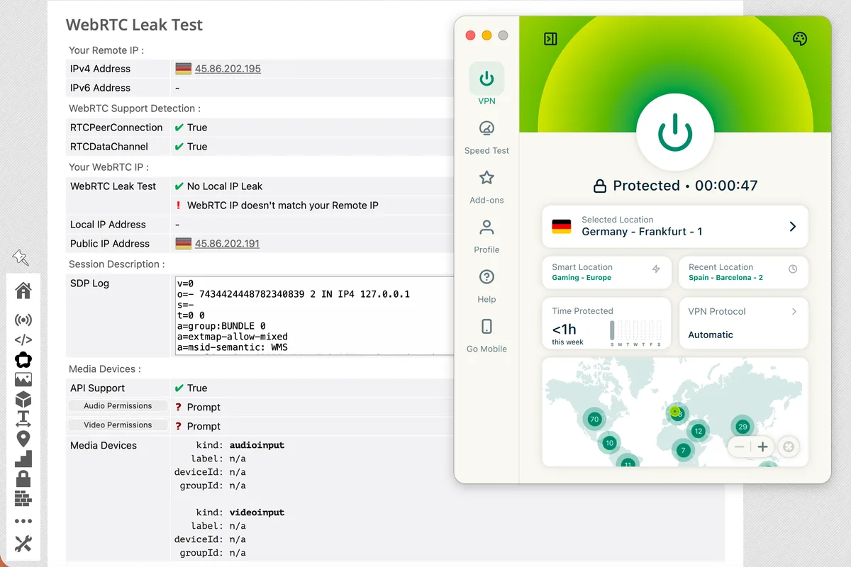 Screenshot des WebRTC-Leaktests auf BrowserLeaks.com mit aktiver ExpressVPN-Verbindung über den Server Germany – Frankfurt - 1.