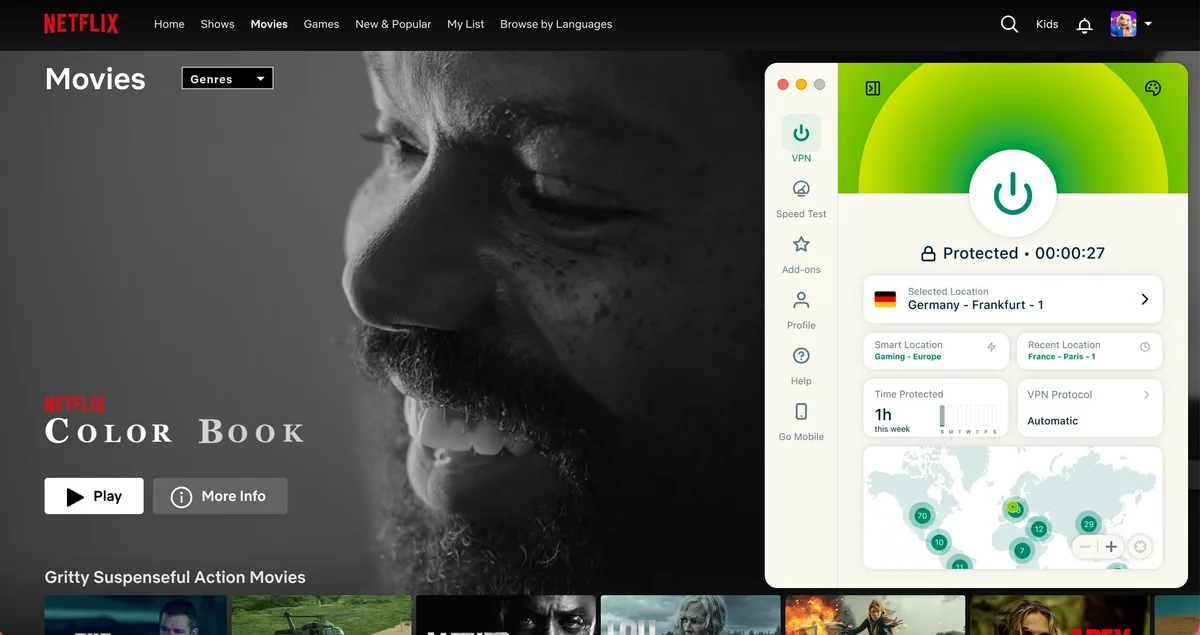 Screenshot der Netflix-Startseite im Browser mit aktiver ExpressVPN-Verbindung über den Server Germany – Frankfurt - 1.