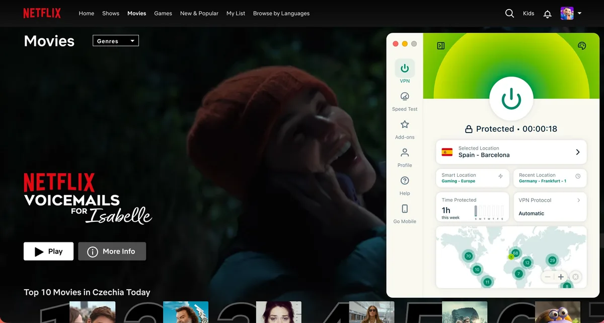 Captura de pantalla de la página de inicio de Netflix en el navegador con ExpressVPN conectado al servidor Spain – Barcelona.